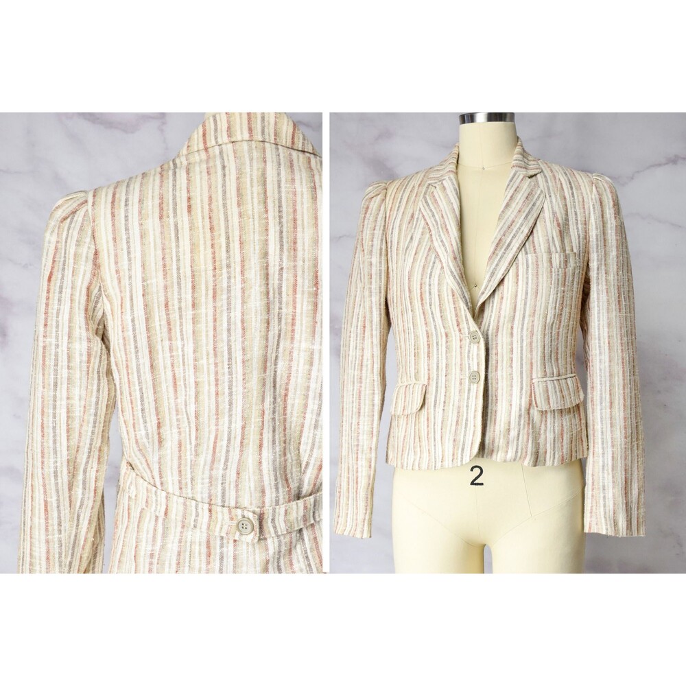 1970s Linen Blend Blazer Size Small Minimalist Striped Jacket Neutral